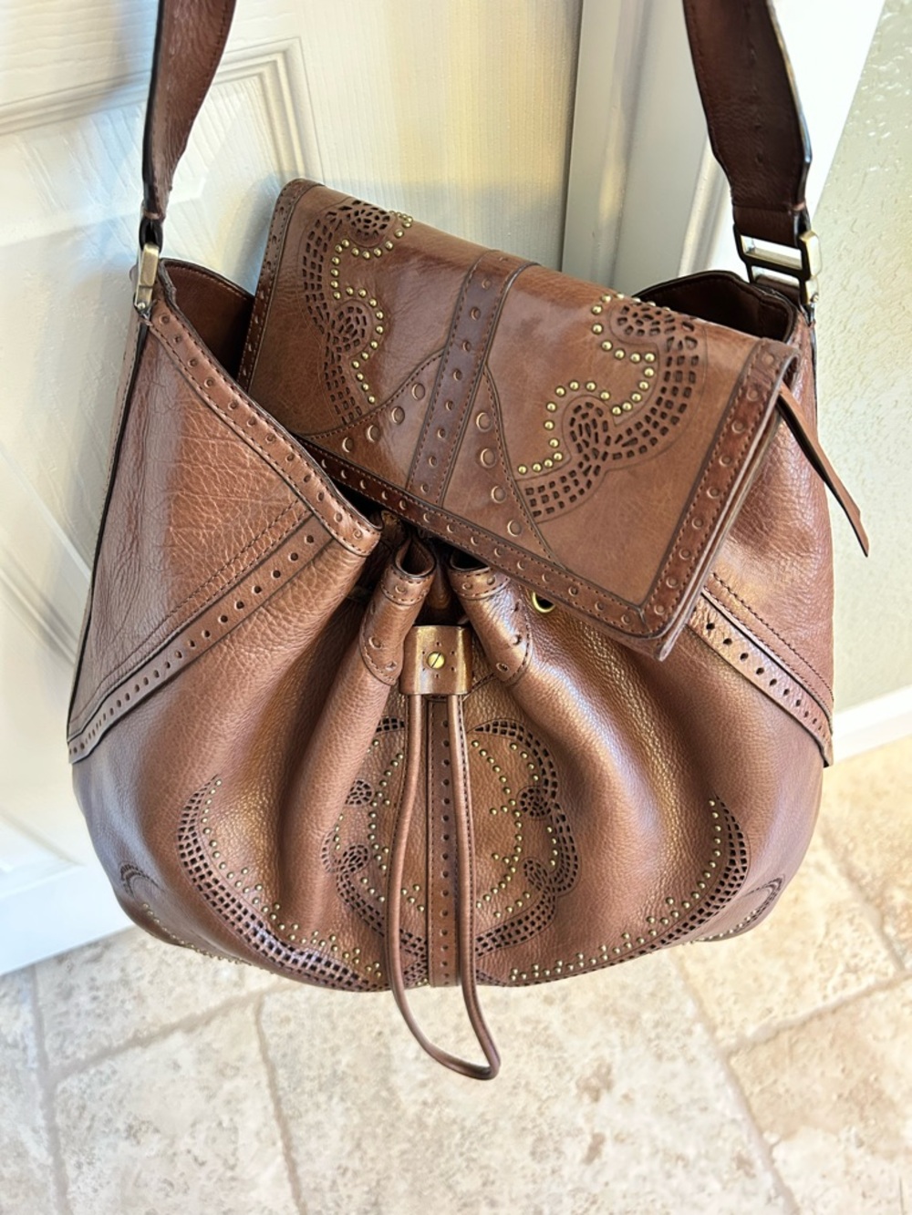 Cole Haan: Chocolate Tooled & Riveted Leather Bag AND Wallet Set!